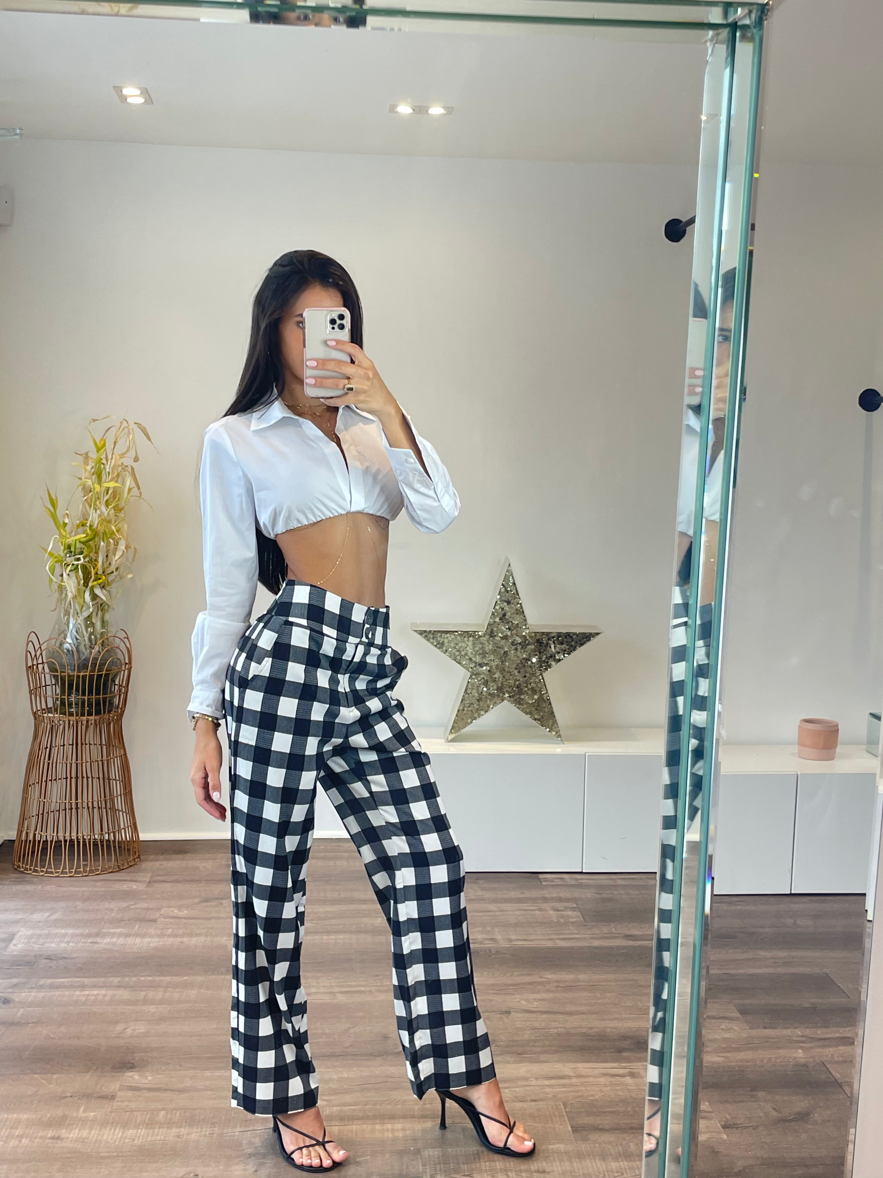 Black and white square pants deals outfit